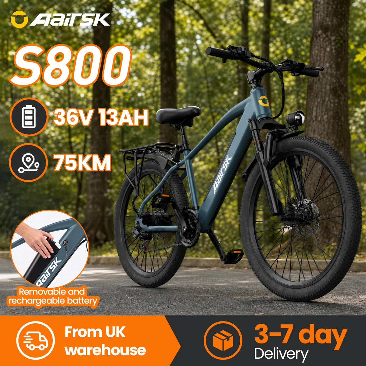 Aairsk S800 26" Electric Hybrid Bike, 36V 13Ah Removable Battery 40-60KM Range